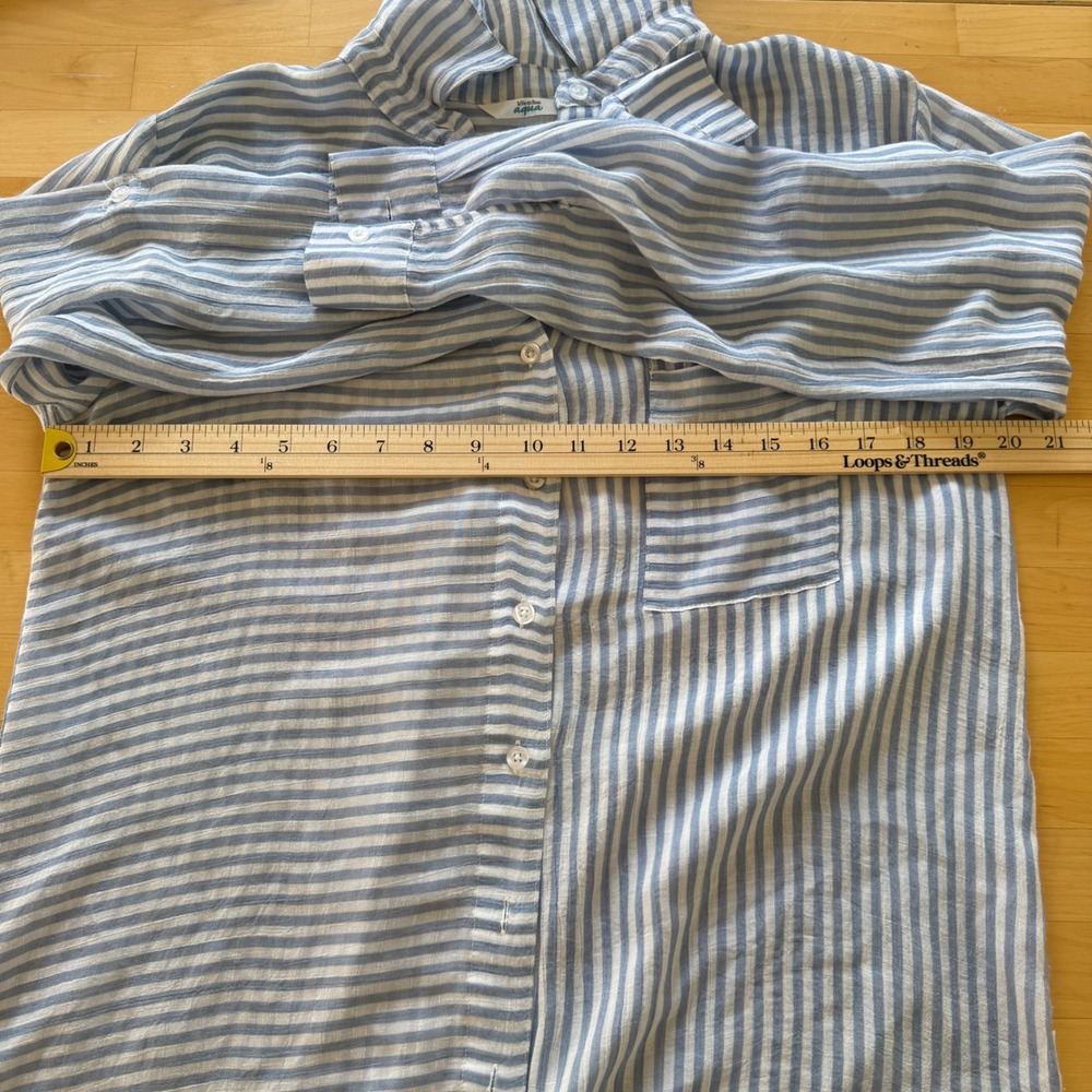 la Vie en Rose Aqua Striped Button Down Tunic Cover Up Tropical Resortwear M - Picture 8 of 9